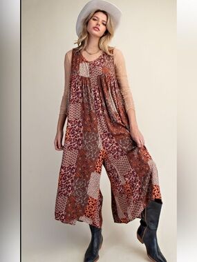 412 ❤️ mocha EASEL PATCHWORK PRINTED RAYON GAUZE JUMPSUIT